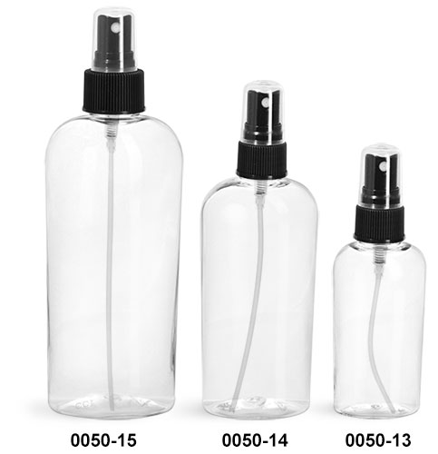 Plastic Bottles, Clear PET Cosmo Ovals with Black Fine Mist Sprayers