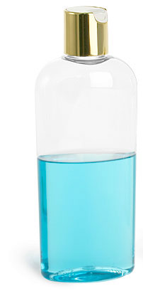 Clear PET Cosmo Oval Bottles w/ Gold Disc Top Caps