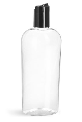 PET Plastic Bottles, Clear Cosmo Oval Bottles w/ Black Disc Top Caps, 24/415 Finish