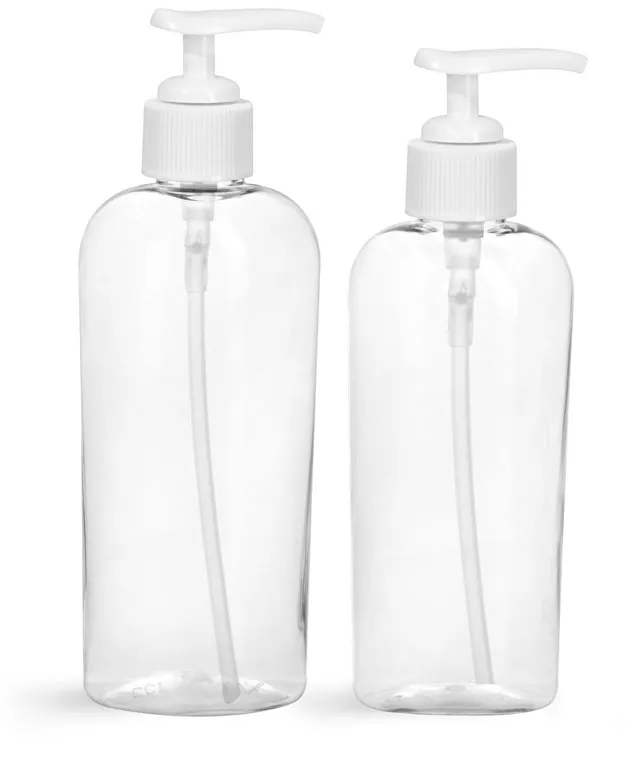 PET Plastic Bottles, Clear Cosmo Oval Bottles w/ White Pumps