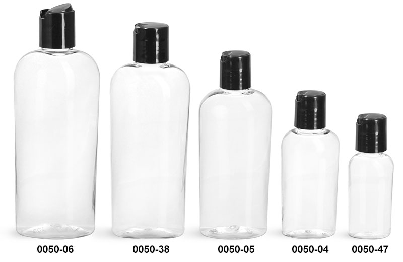 Plastic Bottles, Clear PET Cosmo Ovals with Black Disc Top Caps
