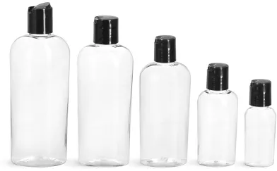 PET Clear Cosmo Oval Bottles w/ Black Disc Top Caps