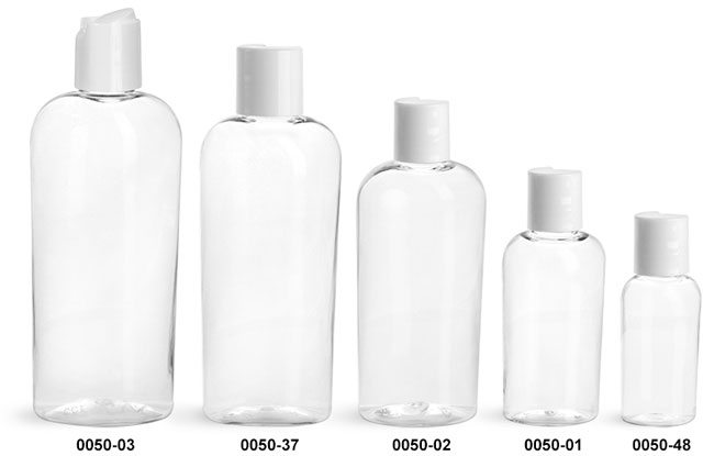 Plastic Bottles, Clear PET Cosmo Ovals with White Disc Top Caps