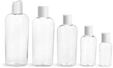 PET Clear Cosmo Oval Bottles w/ White Disc Top Caps