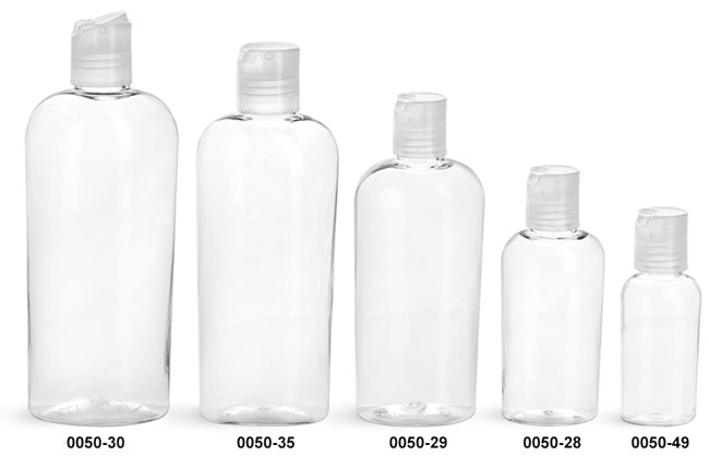 Plastic Bottles, Clear PET Cosmo Ovals with Natural Disc Top Caps