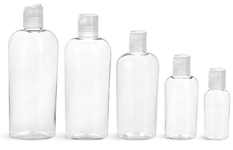 PET Plastic Bottles, Clear Cosmo Ovals w/ Natural Disc Top Caps