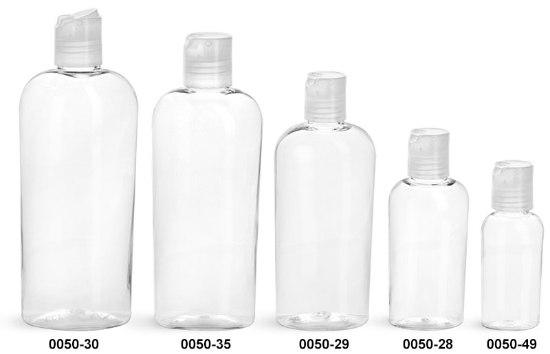 Plastic Bottles, Clear PET Cosmo Ovals with Natural Disc Top Caps