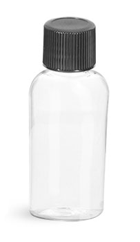 PET Plastic Bottles, Clear Cosmo Oval Bottles w/ Black Ribbed Caps