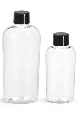 PET Plastic Bottles, Clear Cosmo Ovals w/ Black Smooth Caps