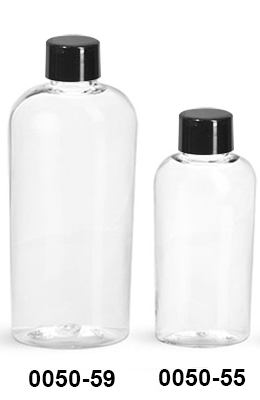 Plastic Bottles, Clear PET Cosmo Ovals w/ Black Smooth Lined Caps
