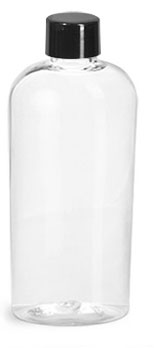PET Plastic Bottles, Clear Cosmo Oval Bottles w/ Black Smooth Caps