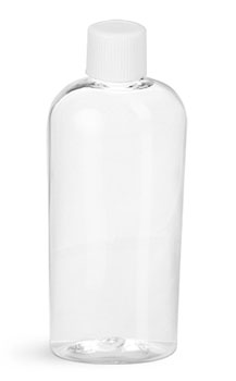 Plastic Bottles, Clear PET Cosmo Ovals w/ White Ribbed Lined Caps