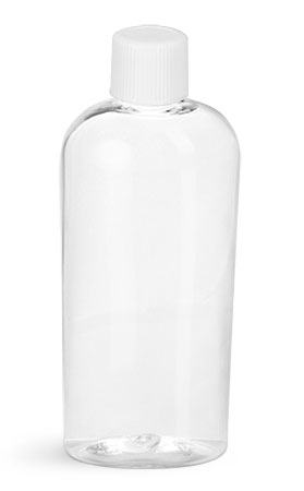 PET Plastic Bottles, Clear Cosmo Ovals w/ White Ribbed Caps