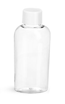 PET Plastic Bottles, Clear Cosmo Ovals w/ White Smooth Caps
