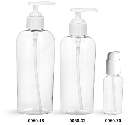 Plastic Bottles, Clear PET Cosmo Ovals with White Pumps