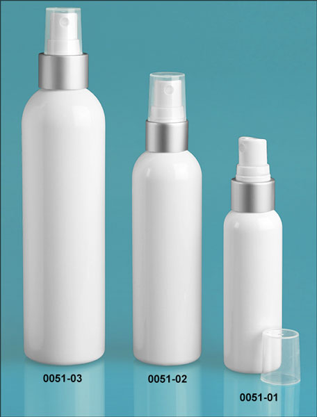 Plastic Bottles, White PET Cosmo Round Bottles w/ White Fine Mist Sprayers w/ Brushed Aluminum Collars