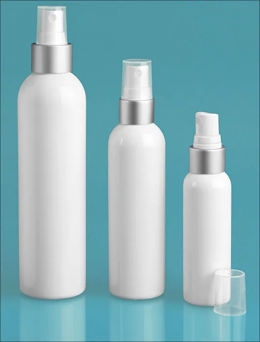 PET  White Cosmo Round Bottles w/ Silver/White Brushed Aluminum Sprayers