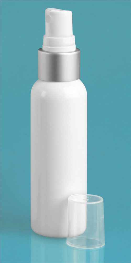 2 oz White PET Cosmo Round Bottles w/ Silver/White Brushed Aluminum Sprayers