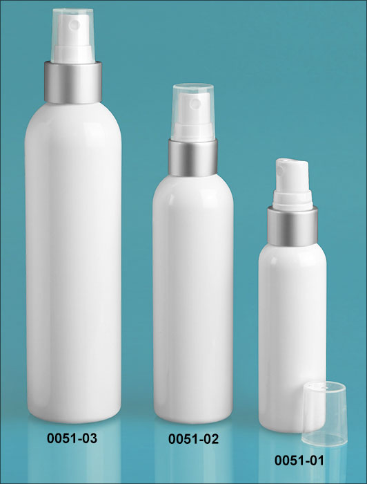 Plastic Bottles, White PET Cosmo Round Bottles w/ White Fine Mist Sprayers w/ Brushed Aluminum Collars