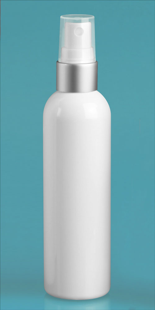 4 oz White PET Cosmo Round Bottles w/ Silver/White Brushed Aluminum Sprayers