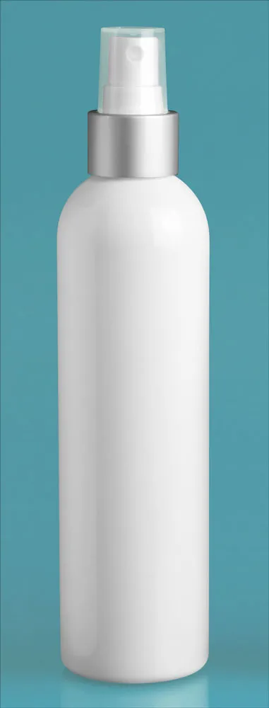 8 oz White PET Cosmo Round Bottles w/ Silver/White Brushed Aluminum Sprayers