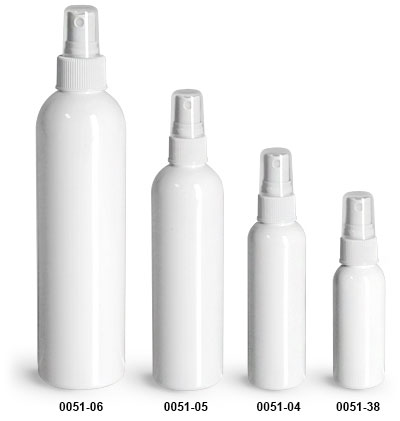 Plastic Bottles, White PET Cosmo Round Bottles w/ White Sprayers
