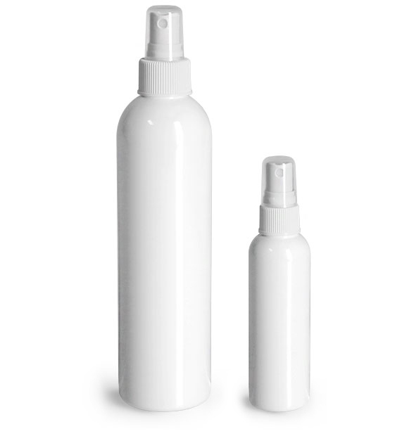 8 oz White PET Cosmo Round Bottles w/ White Sprayers