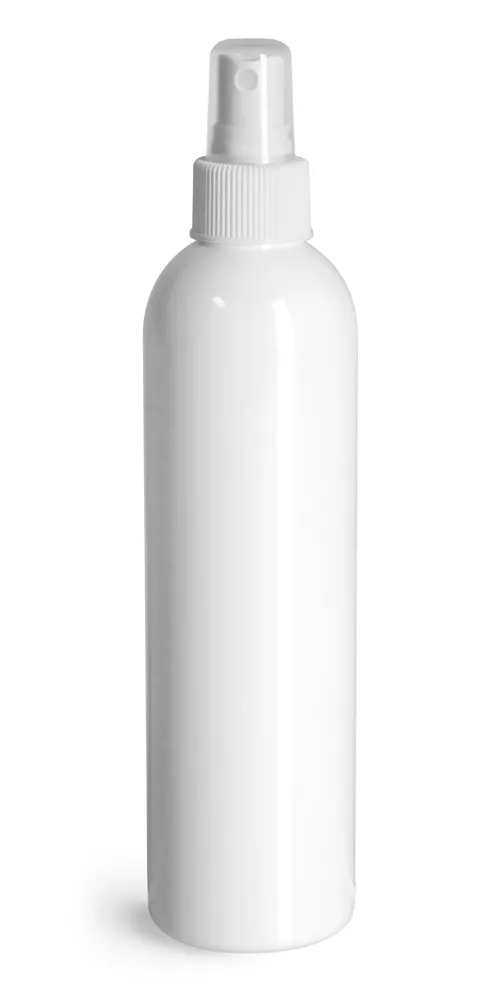 8 oz White PET Cosmo Round Bottles w/ White Sprayers