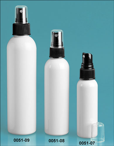 Plastic Bottles, White PET Cosmo Round Bottles w/ Black Sprayers
