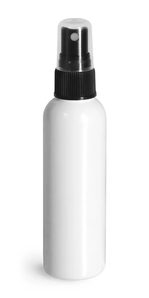 2 oz White PET Cosmo Round Bottles w/ Black Sprayers