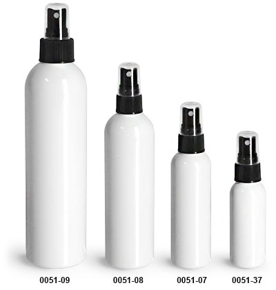 Plastic Bottles, White PET Cosmo Round Bottles w/ Black Sprayers