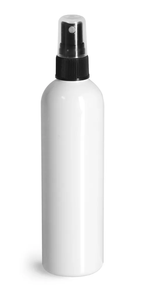 4 oz White PET Cosmo Round Bottles w/ Black Sprayers