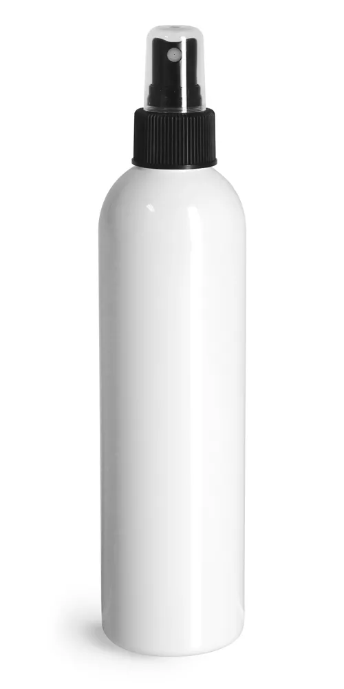 8 oz White PET Cosmo Round Bottles w/ Black Sprayers