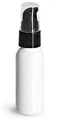 1 oz Plastic Bottles, White PET Cosmo Round Bottles w/ Lotion Pumps