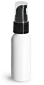 Plastic Bottles, White PET Cosmo Round Bottles w/ Black Treatment Pumps