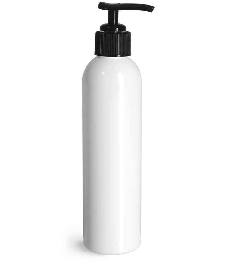 8 oz White PET Cosmo Round Bottles w/ Black Lotion Pumps