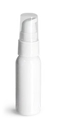 1 oz Plastic Bottles, White PET Cosmo Round Bottles w/ White Lotion Pumps