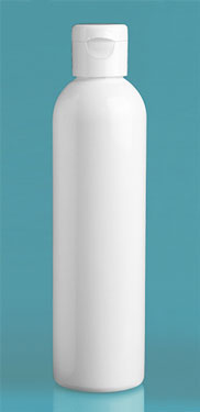 Plastic Bottles, White PET Cosmo Round Bottles w/ White Snap Top Caps