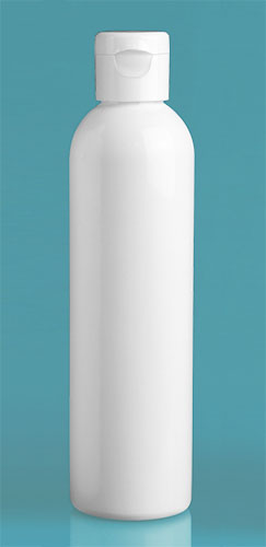 PET Plastic Bottles, White Cosmo Round Bottles w/ White Snap Top Caps