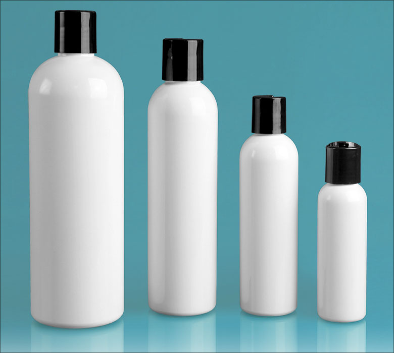 PET Plastic Bottles, White Cosmo Round Bottles w/ Black Disc Top Caps