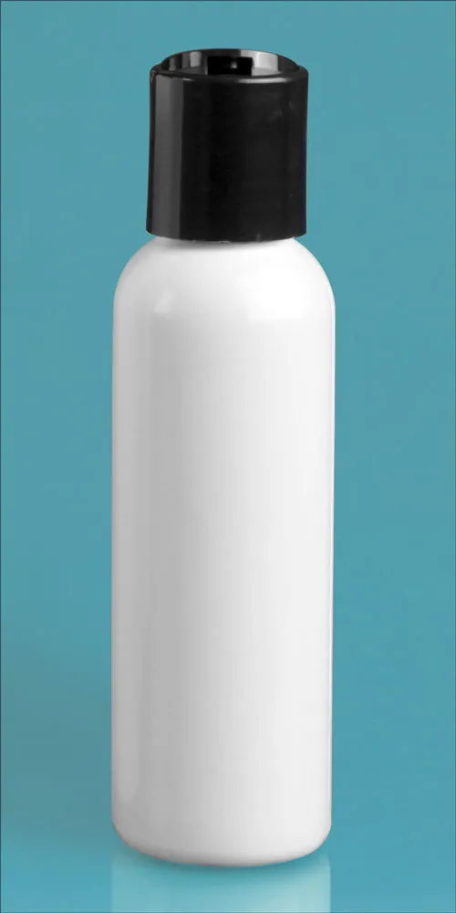 2 oz White PET Cosmo Round Bottles w/ Black Disc Top Caps