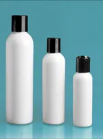 PET  White Cosmo Round Bottles w/ Black Disc Top Caps