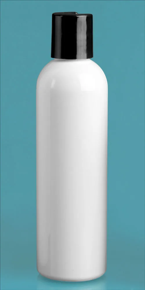 4 oz White PET Cosmo Round Bottles w/ Black Disc Top Caps