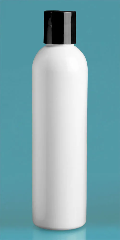 8 oz White PET Cosmo Round Bottles w/ Black Disc Top Caps