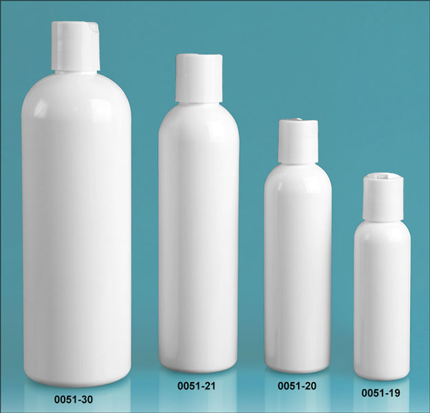 Plastic Bottles, White PET Cosmo Round Bottles w/ White Disc Top Caps