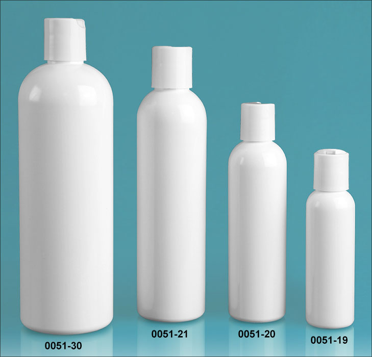 Plastic Bottles, White PET Cosmo Round Bottles w/ White Disc Top Caps