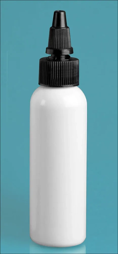 PET Plastic Bottles, White Cosmo Round Bottles w/ Black Twist Top Caps