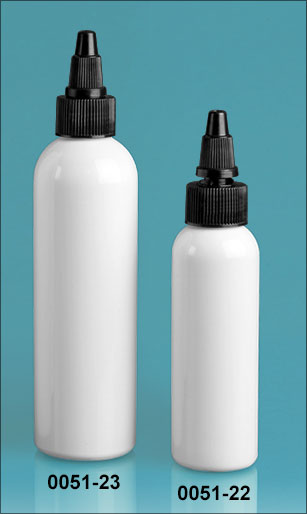 Plastic Bottles, White PET Cosmo Round Bottles w/ Black Twist Top Caps
