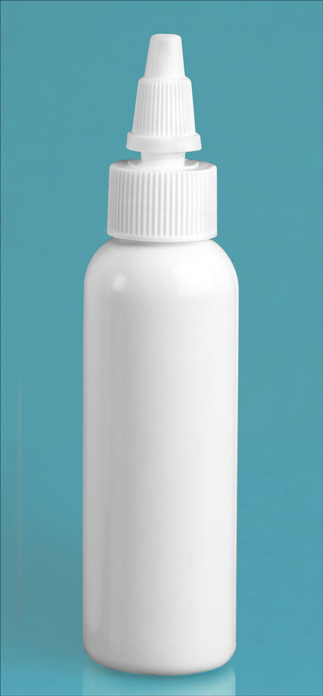 2 oz White PET Cosmo Round Bottles w/ White Twist Top Caps