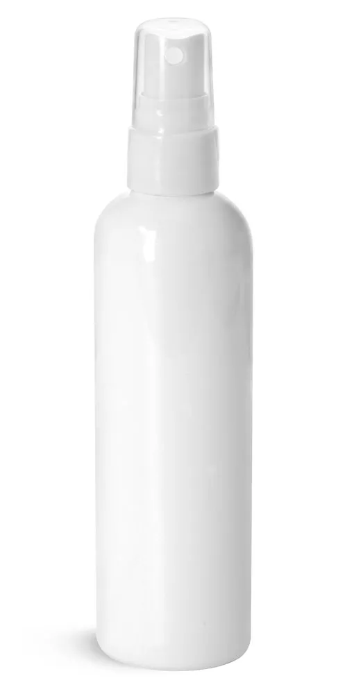 4 oz Plastic Bottles, White PET Cosmo Rounds w/ Smooth White Fine Mist Sprayers
